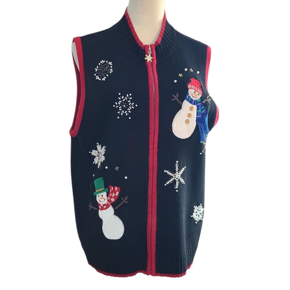Studio Joy Womens XL Snowman Ugly Christmas Vest Black Zip Up Holiday Festive